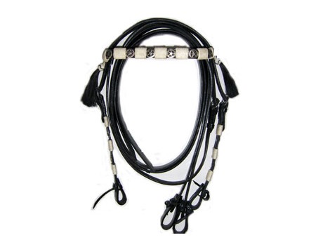 Western leather bridle with white and silver decorations