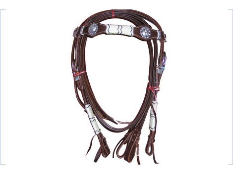 Western leather bridle with white and silver decorations